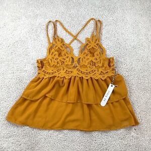 Story On Womens Mustard Yellow Lace Tiered Ruffle Camisole Top Large